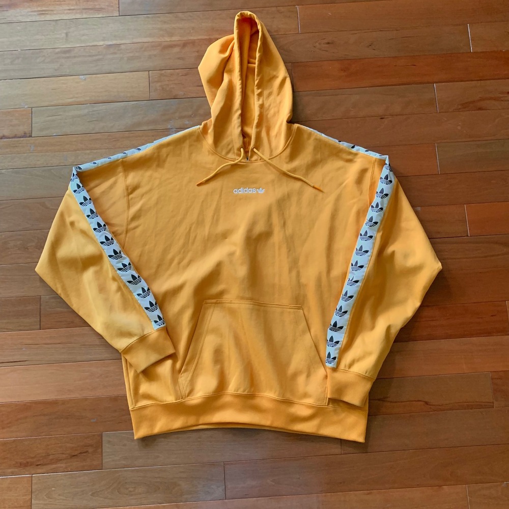Adidas Mens L Trefoil Hoodie Yellow Orange Taped Sleeve Pullover Logo